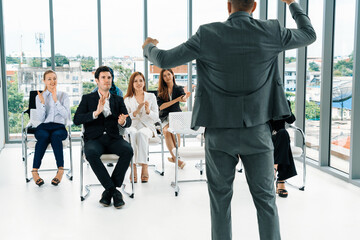 Poster - Businesswomen and businessmen attending group meeting conference in office room. Corporate business team concept. uds