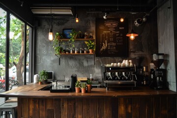 Canvas Print - A rustic wooden bar with a vase of flowers on it