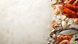 © sa-photo - Market-fresh seafood layout with copy space, featuring a colorful mix of shellfish and fish on a light surface.