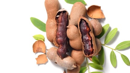 Canvas Print - Tamarind fruit isolated on white background. Tamarind tropical pods with leaves rotating. Fresh Tamarind pods with leaves (Tamarindus indica, Indian date), healthy vegan food close up, from above