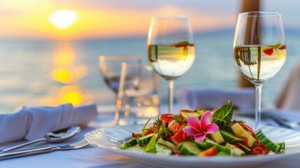 Luxury meal on table with sea with beautiful sunset