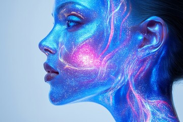 Poster - Vivid blue face paint symbolizing digital technologys impact on human identity and expression