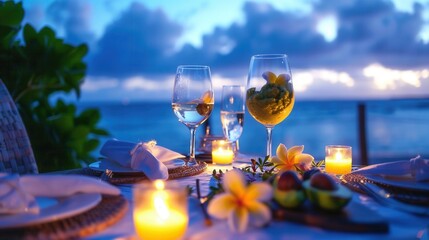 Luxury meal on table with sea at dusk with candle