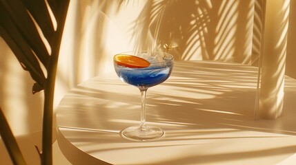 Wall Mural - Blue Hawaii cocktail in a martini glass with an orange slice