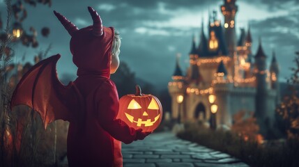 Child in devil costume with pumpkin near illuminated castle