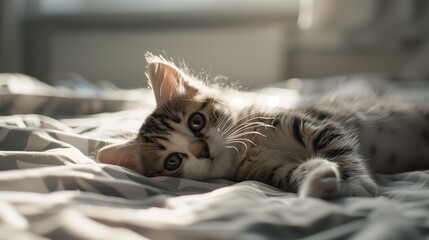 Kitten Resting on Bedding in Sunlight