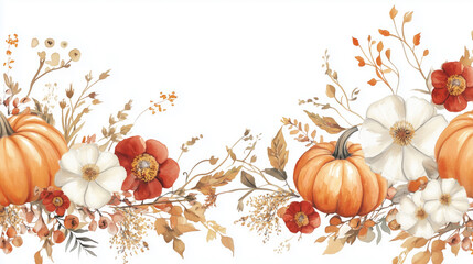 Watercolor image of fall floral arrangement with orange pumpkins, fall pattern with leaves and bright colors