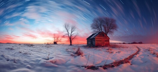 Wall Mural - Midnight Wonderland Winter Cabin Illuminated by the Full Moon's Red and Azure Glow