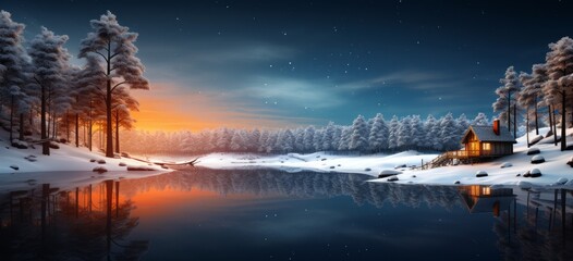 Wall Mural - Nocturnal Serenity Topographical Realism of a Winter House by the Pond