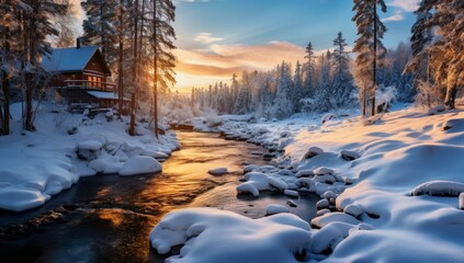 Wall Mural - Panoramic Serenity The Log Cabin's Radiant Winter Tale