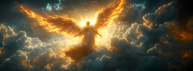Wall Mural - Angel mythology, abstract oil painting of a beautiful, mighty flying angel spreading arms and wings. Dramatic mythology vibe background, clouds and sunrays, representing good and evil.