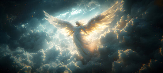 Wall Mural - Angel mythology, abstract oil painting of a beautiful, mighty flying angel spreading arms and wings. Dramatic mythology vibe background, clouds and sunrays, representing good and evil.