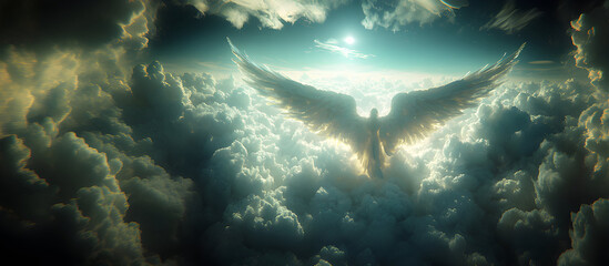 Wall Mural - Angel mythology, abstract oil painting of a beautiful, mighty flying angel spreading arms and wings. Dramatic mythology vibe background, clouds and sunrays, representing good and evil.