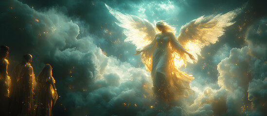 Wall Mural - Angel mythology, abstract oil painting of a beautiful, mighty flying angel spreading arms and wings. Dramatic mythology vibe background, clouds and sunrays, representing good and evil.
