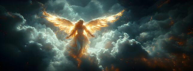 Wall Mural - Angel mythology, abstract oil painting of a beautiful, mighty flying angel spreading arms and wings. Dramatic mythology vibe background, clouds and sunrays, representing good and evil.