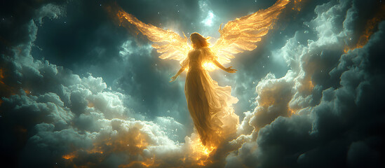 Wall Mural - Angel mythology, abstract oil painting of a beautiful, mighty flying angel spreading arms and wings. Dramatic mythology vibe background, clouds and sunrays, representing good and evil.