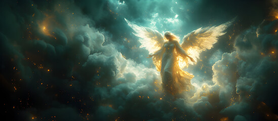 Wall Mural - Angel mythology, abstract oil painting of a beautiful, mighty flying angel spreading arms and wings. Dramatic mythology vibe background, clouds and sunrays, representing good and evil.
