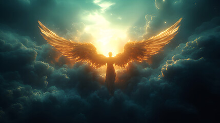 Wall Mural - Angel mythology, abstract oil painting of a beautiful, mighty flying angel spreading arms and wings. Dramatic mythology vibe background, clouds and sunrays, representing good and evil.
