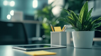 Wall Mural - Modern Office Desk with Green Plant and Tablet