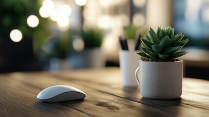 Wall Mural - Minimalist Desk Setup with Succulent Plant and White Mouse