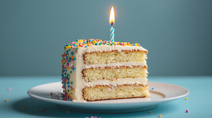 Canvas Print - birthday cake with one slice cut and placed on table, candle burning