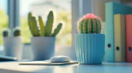 Wall Mural - Cactus on a Modern Workspace: A Minimalist Desk Setup