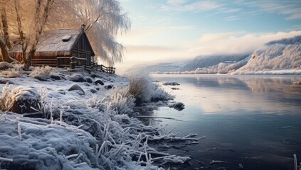 Wall Mural - Traditional Norwegian Winter Melting Layers and River Reflections