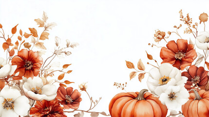 Watercolor image of fall floral arrangement with orange pumpkins, fall pattern with leaves and bright colors