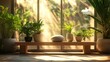 © Alex - Serene Sunlit Space: Embrace Tranquility with a Wooden Bench, Lush Plants, and Vibrant Herbs – Perfect for a Relaxing Poster in Your Home or Yoga Studio