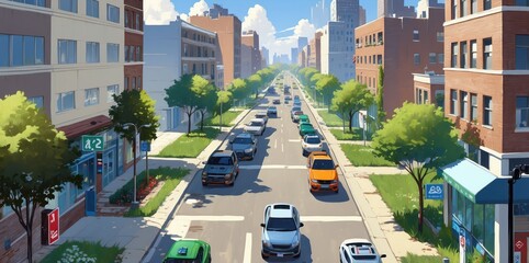 modern urban street with green spaces and traffic
