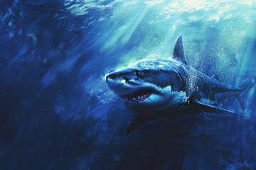 Enormous predatory shark swimming in the mysterious dark blue depths of the ocean