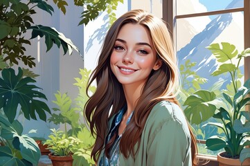 Poster - smiling woman portrait in natural light with plants
