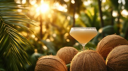 Sticker - Tropical Cocktail with Coconuts in Sunlit Paradise