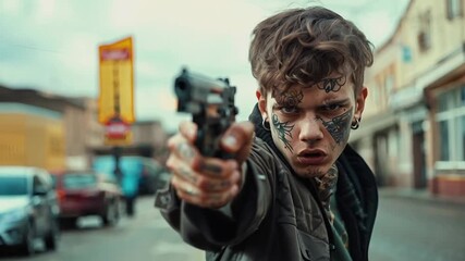 Poster - Young man holding a gun on a street