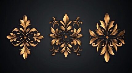 Elegant golden floral ornaments on a dark background, perfect for luxury design projects and exquisite decoration.