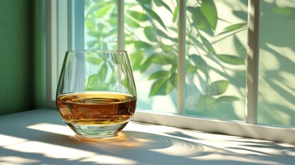 Canvas Print - Whiskey Glass by Sunlit Window with Green Blinds