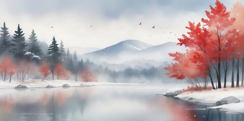 Poster - watercolor landscape with red trees and snowy mountains
