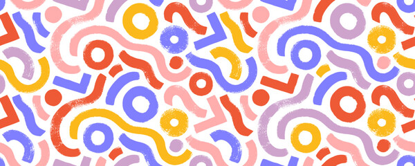 playful childish colorful background with squiggles, circles, curved thick lines. abstract geometric