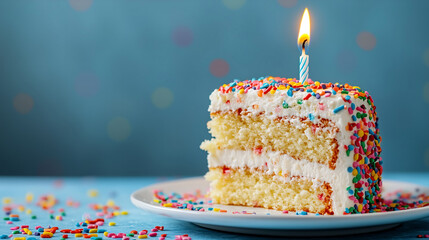 Canvas Print - birthday cake with one slice cut and placed on table, candle burning