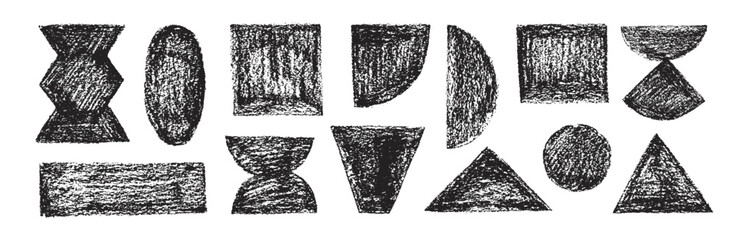 Aufkleber - Set of various black geometric figures drawn with crayons. Charcoal geometric basic shapes. Pencil drawn oval, circle, triangle, rectangle, square and quirky shapes. Noise grunge texture.
