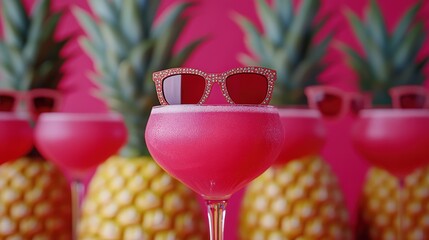 Poster - Colorful Cocktail with Pineapples and Sunglasses Background