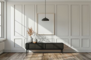 Wall Mural - A black and white room with a white wall and a black wooden table