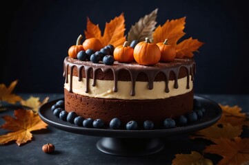 Poster - festive autumn cake with pumpkins and leaves
