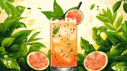 Poster - Refreshing Drink Surrounded by Greenery and Fruits