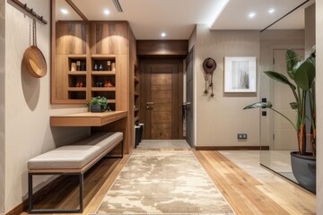 Sticker - A hallway with a wooden bench and a potted plant