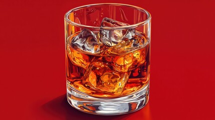 Sticker - Whiskey Glass with Ice on Red Background