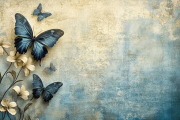 Wall Mural - Elegant floral and butterfly design on textured background in blue and beige tones