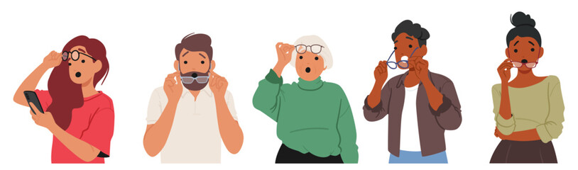 Diverse People Characters Showing Surprised Expressions While Wearing Or Adjusting Glasses. Concept Of Shock