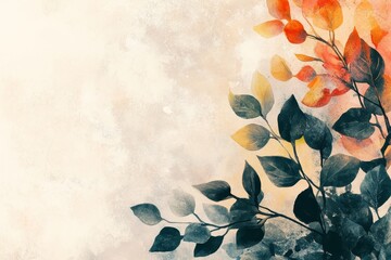 Autumn tone botanical watercolor abstract art with flowers and leaves in photography shot