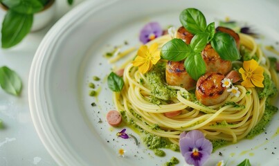 Wall Mural - Serving spaghetti with tomato sauce on the plate makes it look delicious and attractive Generate AI